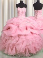 Pick Ups Visible Boning Floor Length Ball Gowns Sleeveless Rose Pink Quinceanera Dress Lace Up