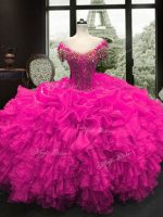 On Sale Fuchsia Ball Gowns Sweetheart Cap Sleeves Organza Floor Length Lace Up Beading and Ruffles Ball Gown Prom Dress(SKU SJQDDT944002-1BIZ)