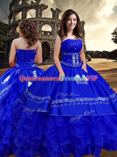 Customized Strapless Sleeveless Quinceanera Gown Floor Length Embroidery and Ruffled Layers Royal Blue Taffeta - Click Image to Close