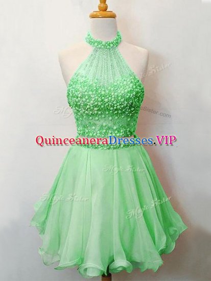 Affordable Two Pieces Quinceanera Court of Honor Dress Green Halter Top Organza Sleeveless Knee Length Lace Up - Click Image to Close