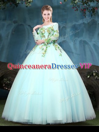 Scoop Aqua Blue Lace Up Ball Gown Prom Dress Appliques Long Sleeves Floor Length
