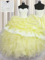 Organza Sweetheart Sleeveless Lace Up Beading and Appliques and Ruffles and Pick Ups 15 Quinceanera Dress in Light Yellow