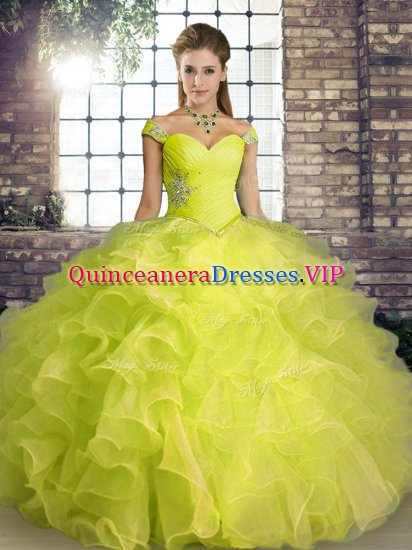 Modest Yellow Green Ball Gowns Off The Shoulder Sleeveless Organza Floor Length Lace Up Beading and Ruffles Quince Ball Gowns - Click Image to Close