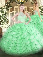 Suitable Apple Green Sleeveless Brush Train Lace and Ruffles Quinceanera Gown