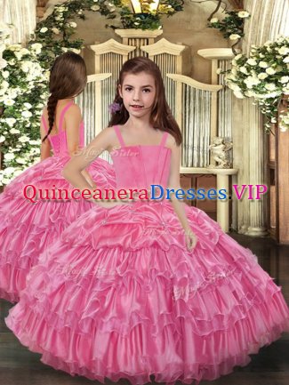 Custom Made Rose Pink Ball Gowns Ruffled Layers Kids Formal Wear Lace Up Organza Sleeveless Floor Length
