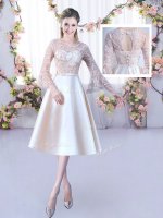 Satin Scoop 3 4 Length Sleeve Lace Up Lace and Belt Court Dresses for Sweet 16 in Champagne