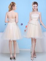 Custom Fit Champagne Court Dresses for Sweet 16 Prom and Party and Wedding Party with Bowknot Strapless Sleeveless Lace Up