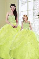 Sleeveless Floor Length Beading and Sequins Lace Up Ball Gown Prom Dress with Yellow Green