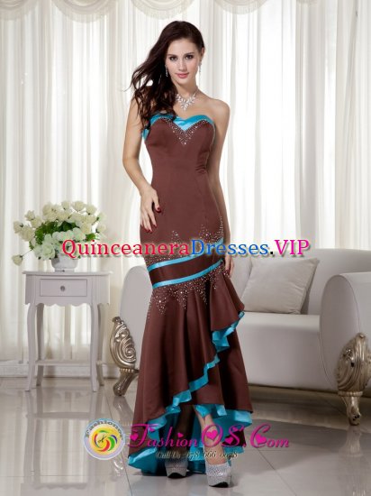 Sexy Brown and Blue Mermaid Sweetheart Asymmetrical Satin Beading Quinceanera Dama Dress in Sandnes Norway - Click Image to Close