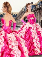 Sophisticated Sleeveless Floor Length Beading and Ruffles and Pick Ups Lace Up Sweet 16 Dress with Hot Pink