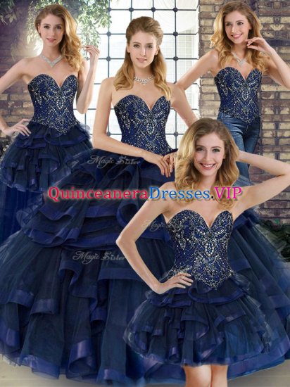 Navy Blue Sweetheart Neckline Beading and Ruffles Sweet 16 Dresses Sleeveless Lace Up - Click Image to Close