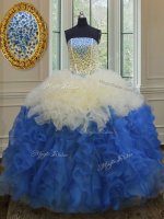 Traditional Strapless Sleeveless Organza Quince Ball Gowns Beading and Ruffles Lace Up