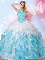 Comfortable Halter Top Beading and Ruffles and Pick Ups Quince Ball Gowns Blue And White Lace Up Sleeveless Floor Length