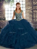 Fashionable Blue Sleeveless Beading and Ruffles Floor Length Quinceanera Gown