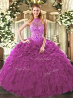 Sleeveless Floor Length Embroidery and Ruffles Lace Up Ball Gown Prom Dress with Fuchsia