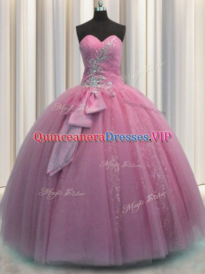 Cheap Rose Pink Ball Gowns Beading and Sequins and Bowknot Quinceanera Gown Lace Up Tulle Sleeveless Floor Length - Click Image to Close