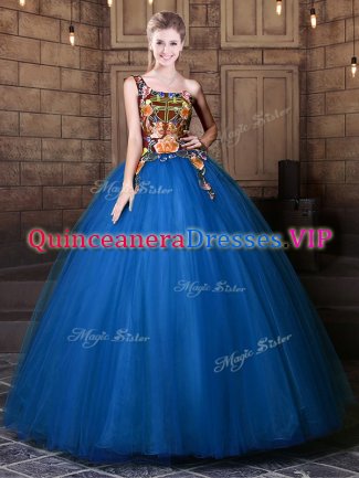 Sophisticated One Shoulder Blue Sleeveless Pattern Floor Length Sweet 16 Dress