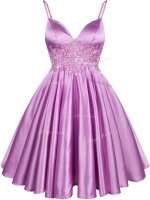 Lilac Elastic Woven Satin Lace Up Vestidos de Damas Sleeveless Knee Length Lace