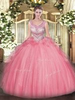 Sleeveless Tulle Floor Length Lace Up Quinceanera Gown in Watermelon Red with Beading and Ruffles(SKU SJQDDT1119002-3BIZ)