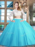 New Arrival Baby Blue Scoop Neckline Beading and Lace Sweet 16 Quinceanera Dress Long Sleeves Zipper