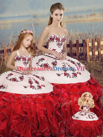Discount White And Red 15th Birthday Dress Military Ball and Sweet 16 and Quinceanera with Embroidery and Ruffles and Bowknot Sweetheart Sleeveless Lace Up - Click Image to Close