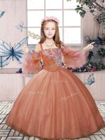 Rust Red Tulle Lace Up Pageant Dress Sleeveless Floor Length Beading