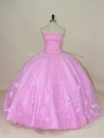 Floor Length Lilac Sweet 16 Dresses Tulle Sleeveless Beading and Hand Made Flower