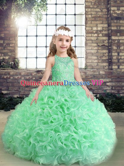 Perfect Sleeveless Floor Length Beading and Ruffles Lace Up Little Girl Pageant Dress with Apple Green - Click Image to Close
