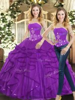 Purple Lace Up Strapless Beading and Ruffles Ball Gown Prom Dress Tulle Sleeveless