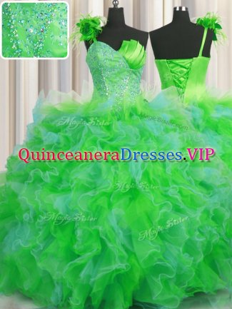 Glamorous Handcrafted Flower Multi-color Quinceanera Gown Military Ball and Sweet 16 and Quinceanera with Beading and Ruffles and Hand Made Flower One Shoulder Sleeveless Lace Up