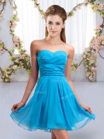 Chic Sweetheart Sleeveless Quinceanera Court of Honor Dress Mini Length Ruching Aqua Blue Chiffon