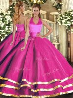 Sleeveless Tulle Floor Length Lace Up Quince Ball Gowns in Fuchsia with Ruffled Layers