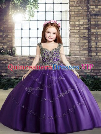 Purple Tulle Lace Up Pageant Dress for Girls Sleeveless Floor Length Beading