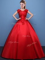Vintage Scoop Floor Length Ball Gowns Cap Sleeves Red Quinceanera Gown Lace Up