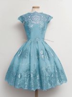 Aqua Blue Scalloped Lace Up Lace Vestidos de Damas Cap Sleeves