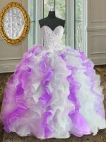 Great Floor Length Ball Gowns Sleeveless White And Purple Quince Ball Gowns Lace Up