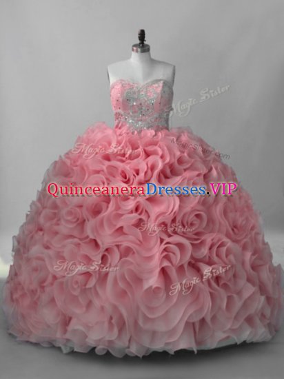 Beading Vestidos de Quinceanera Pink Lace Up Sleeveless Brush Train - Click Image to Close