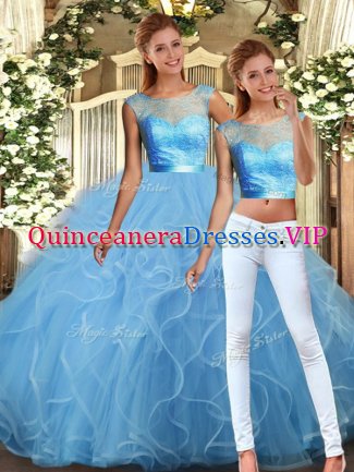 Gorgeous Baby Blue Sleeveless Lace and Ruffles Floor Length Sweet 16 Quinceanera Dress
