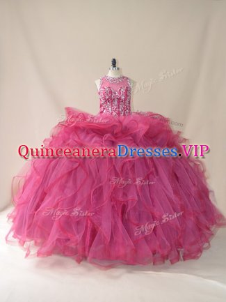 Beautiful Burgundy Ball Gowns Scoop Sleeveless Tulle Brush Train Lace Up Beading and Ruffles Quince Ball Gowns
