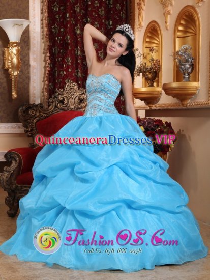 Southwest Harbor Maine/ME Aqua Blue Ball Gown Sweetheart Strapless Floor-length Organza Beading Quinceanera Dress - Click Image to Close