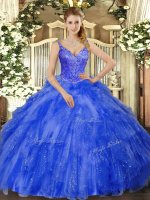 Floor Length Royal Blue Quinceanera Gown V-neck Sleeveless Lace Up