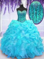 Dynamic Aqua Blue Sleeveless Floor Length Beading and Ruffles and Pick Ups Lace Up 15 Quinceanera Dress