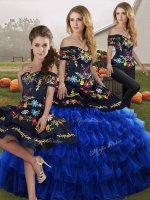 Perfect Blue And Black Quinceanera Gowns Military Ball and Sweet 16 and Quinceanera with Embroidery and Ruffled Layers Off The Shoulder Sleeveless Lace Up(SKU SJQDDT2156007BIZ)