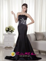 Tiffany & Co Kula Hawaii/HI Mermaid Strapless Brush Train Satin Black MysteriousQuinceanera Dama Dress With Appliques[MLXN164BIZ]