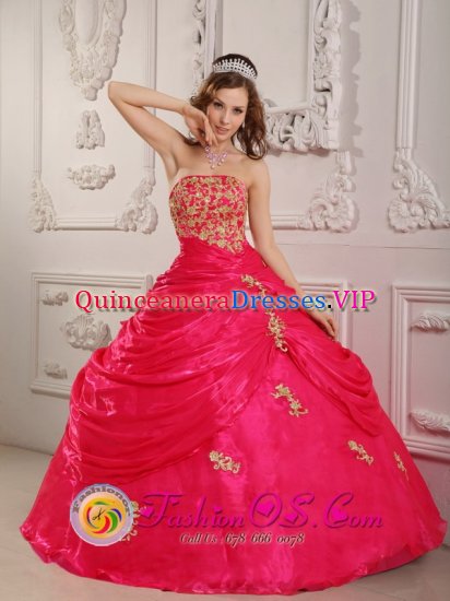Glenwood Springs Colorado/CO Hot Pink Appliques Decorate Strapless Layered Ruching Quinceanera Dress - Click Image to Close