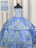 Hot Sale Sleeveless Floor Length Beading and Embroidery Lace Up 15th Birthday Dress with Blue