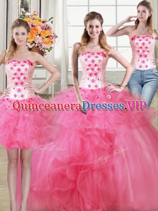 Popular Three Piece Floor Length Hot Pink Quince Ball Gowns Tulle Sleeveless Beading and Appliques and Ruffles