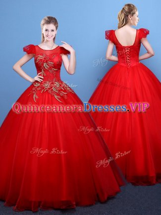 Eye-catching Scoop Floor Length Red Quinceanera Gown Tulle Short Sleeves Appliques