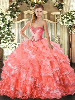 Watermelon Red Organza Lace Up Sweetheart Sleeveless Floor Length Ball Gown Prom Dress Beading and Ruffled Layers(SKU SJQDDT1363002-3BIZ)