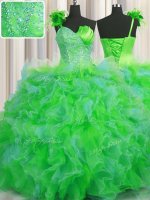 Glamorous Handcrafted Flower Multi-color Quinceanera Gown Military Ball and Sweet 16 and Quinceanera with Beading and Ruffles and Hand Made Flower One Shoulder Sleeveless Lace Up(SKU PSSW0453-4BIZ)